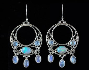 Rainbow Moonstone & Ethiopian Opal Dangle Hoop Earrings Handcrafted in Sterling Silver in a Filigree Design: ART NOUVEAU