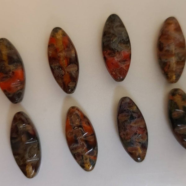 Eight Czech glass beads 19x8mm Pointed Oval in Amber, Orange, and Red Transparent mix with Picasso finish