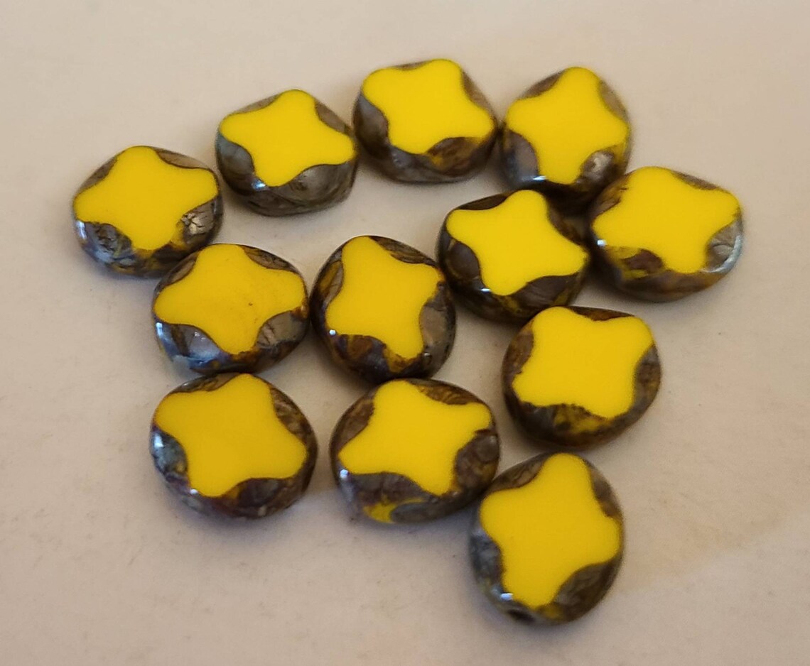 Ten Oval 9x8mm yellow Czech glass beads with Picasso finish Etsy
