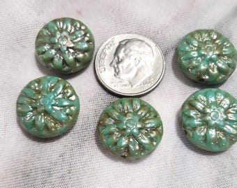 Six 15mm coin shape Dahlia flower Czech glass beads