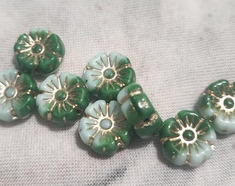 Eight 10mm Hawaii flower Czech glass beads in mix colors of green