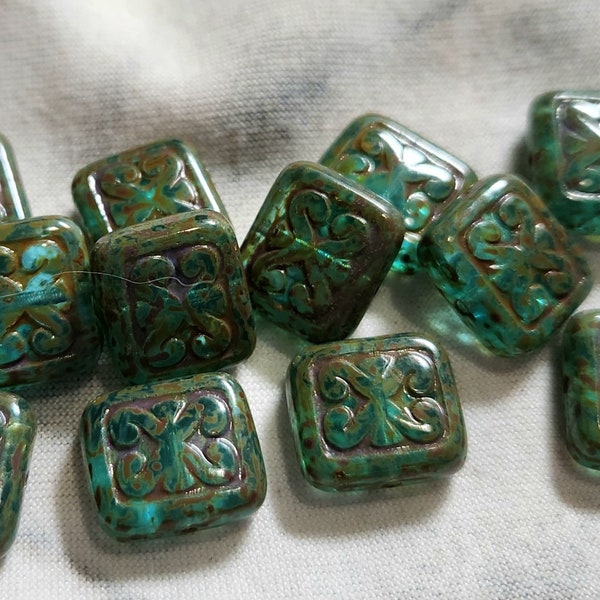 Eight 11x12mm Ornamental design square Czech glass beads