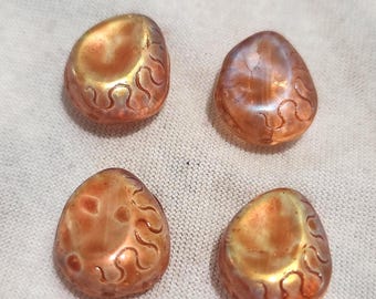 Four 13x11mm teardrop shape Czech glass beads in translucent peach