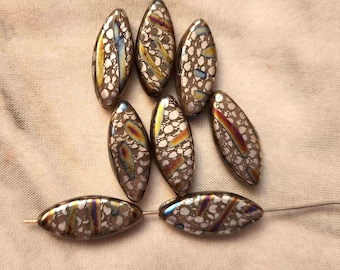 Eight spindle 18x7mm Czech glass beads in metallic colors
