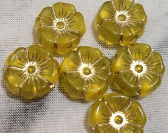 Six 12mm Hawaii flower Czech glass beads in translucent yellow