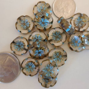 Six 14mm Hawaii flower Czech glass beads in transparent with turquoise wash