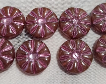 Ocho cuentas de cristal checas de 12 mm con diseño de margarita en forma de moneda en color fucsia