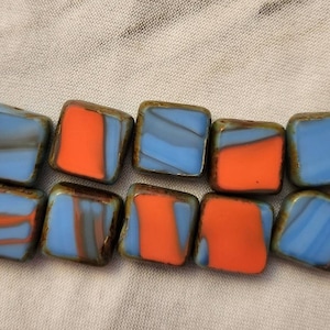 Ten 11mm Square Blue Orange mix Czech glass beads