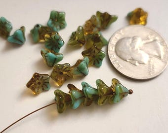 Eighteen Bellflower 6x9mm Turquoise Amber mix Czech glass beads
