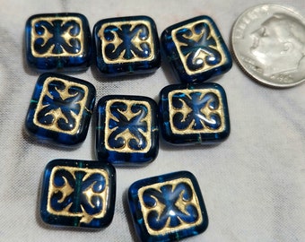 Eight 11x12mm square Czech glass beads in Blue with gold accent