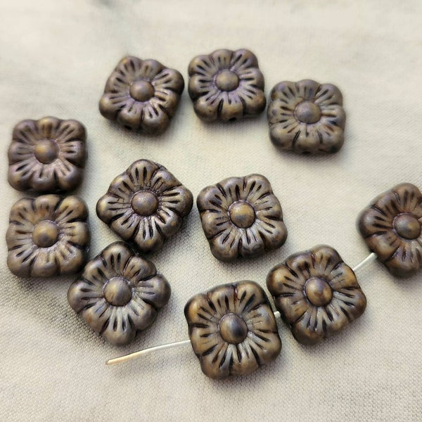 Eight 11mm Square Czech glass beads in flower design