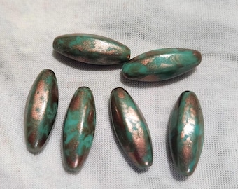 Six 19x7mm oval hexagon shape Czech glass beads in turquoise green with copper wash