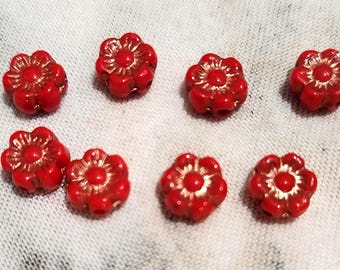 Ocho cuentas de vidrio checo con forma de flor hawaiana de 6 mm en color rojo