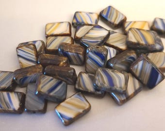 Ten Rectangle shape 12x8mm Czech glass beads in mix blues, Caramel and white