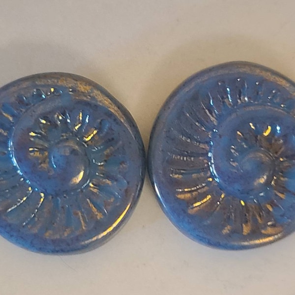 Two 18mm Coin shape Fossil Czech glass beads in country blue with AB finish