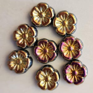 Eight 10mm Hibiscus flowers in metallic colors