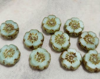 Eight 9mm Hibiscus flower Czech glass beads in Seafoam Green