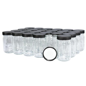 24 Pack - 4 oz. Clear Glass Jar with Black Plastic Cap (48/400) (V4) (V7)