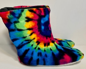 Bootie Slippers, Handmade Fleece Lined Winter Boots Rainbow Tie-Dye