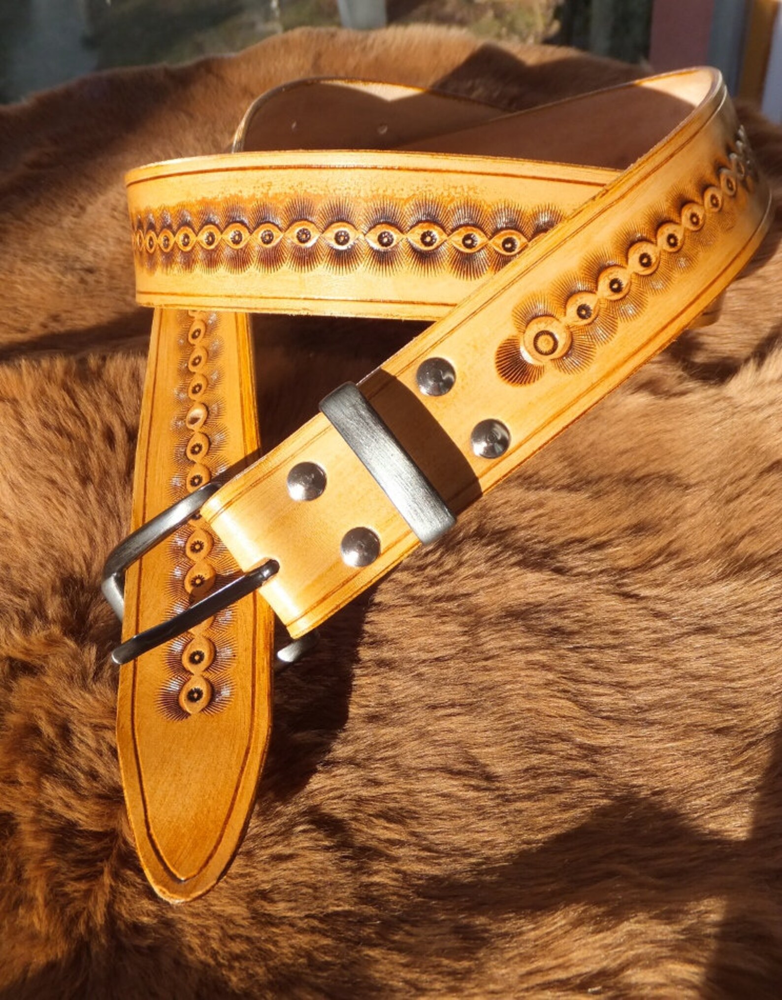 XXL Leather Belt Beige Hand Stamped Waist 51 Inches Decorated Etsy