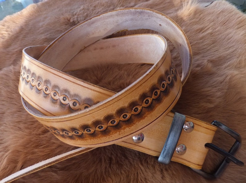 XXL Leather Belt Beige Hand stamped Waist 51 inches decorated Etsy