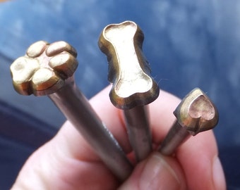017-08 3 pcs set - Dog, Puppy Bone, Heart mini Leather stamp Saddlery Tool Punch 3D Brass