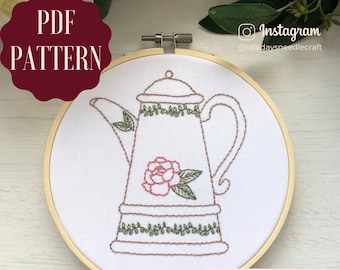 Floral Teapot - Beginner pdf PATTERN - Vintage Style Embroidery