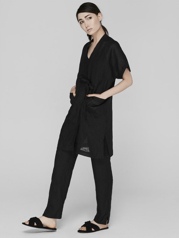 Black linen kimono robe soft linen gown | Etsy