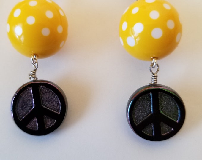 Earrings. Peace Vintage Polka Dot and Black Cylinders accented with Czech glass iridescent peace signs. Perky.