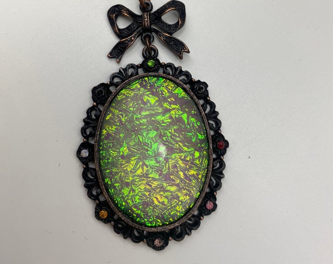 Faux Opal Cabochon Pendant with Crystals and Green Jasper Victorian Style