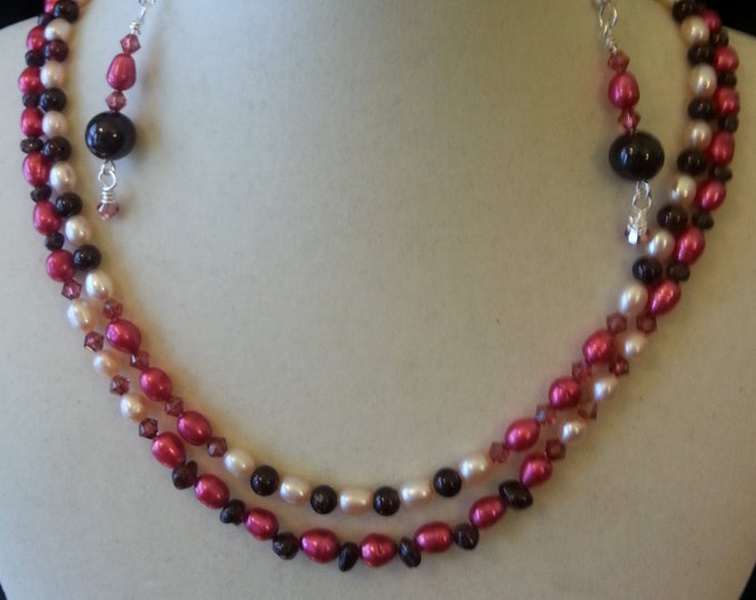 Garnet, pearl and crystal double strand necklace and earrings