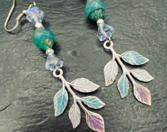 Leaf dangle earrings with Czech glass beads