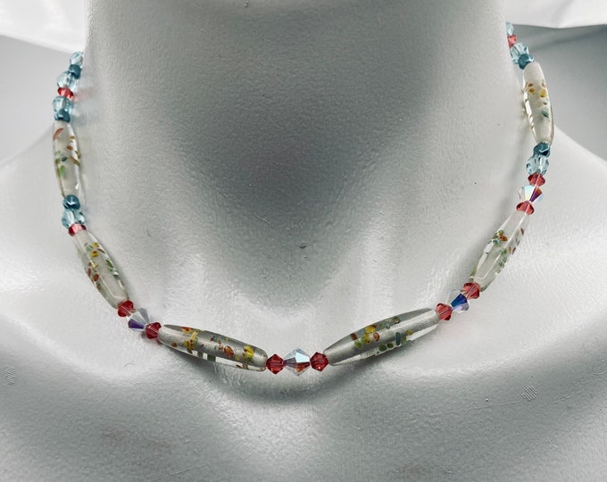 Vintage flower beaded choker necklace with pink and blue crystal accents. Mid Century Style