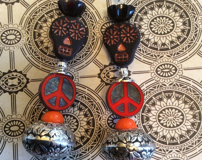 Earrings Skull and Peace Sugar skull motif. Orange and black.