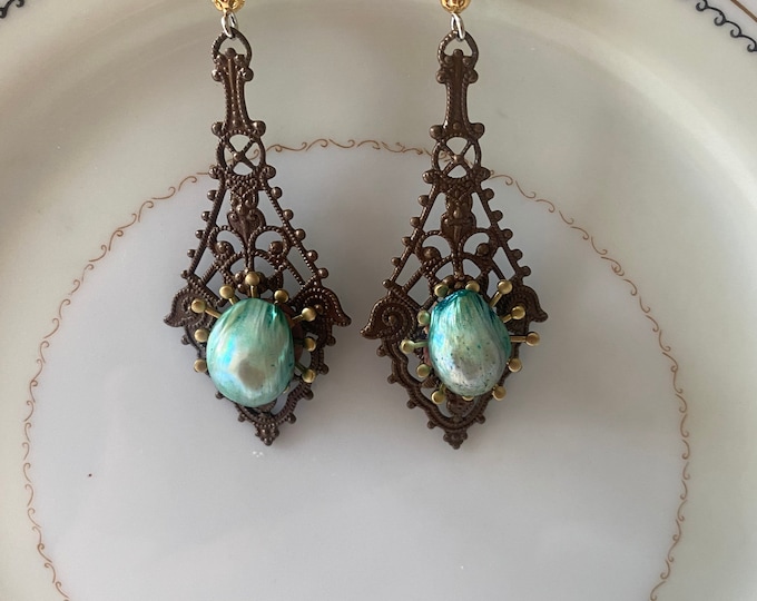 Long dangle filigree earrings with pearls