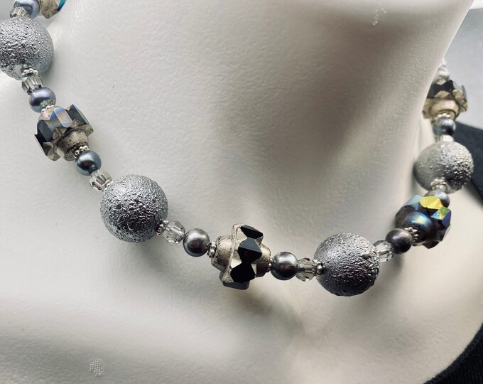 Grey and Silver Beaded Crystal, Pearl and Czech bead Choker Necklace. Mid Century Style