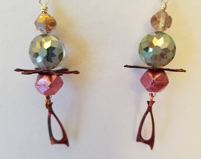 Earrings. Iridescent Crystals accented by pink faceted beads and iridised vintage copper components.