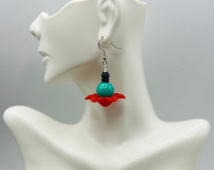 Flower Drop Red acrylic and dyed green jade earrings