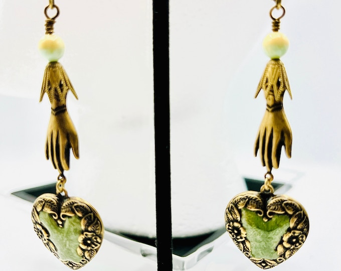 Heart in hand earrings, green and brass Victorian style