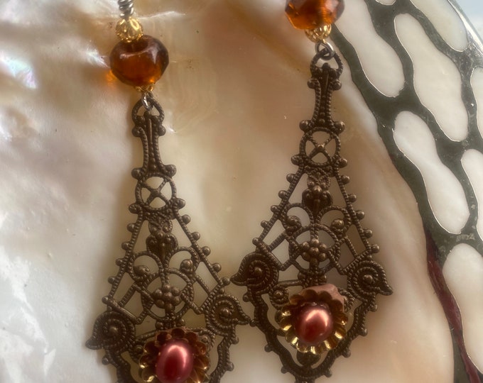 Long dangle filigree earrings with pearls