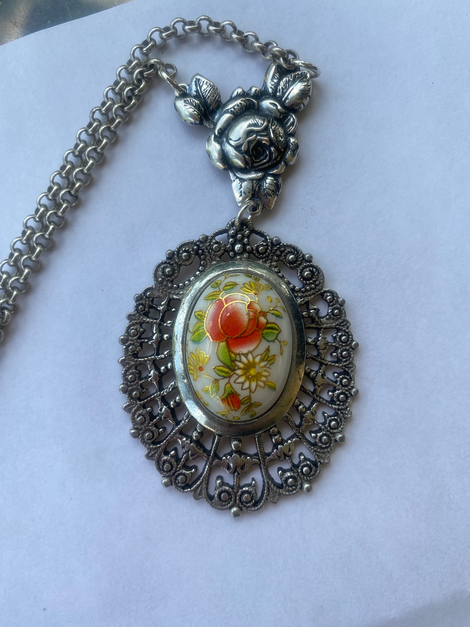 Pendant Necklace Victorian Style Silver Finish Etsy