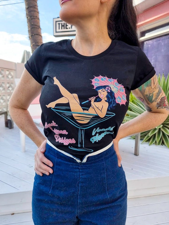 Black Neon Martini Glass T-shirt XS 