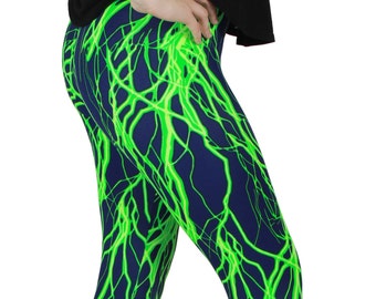 Navy and Green Lightning Spandex Leggings