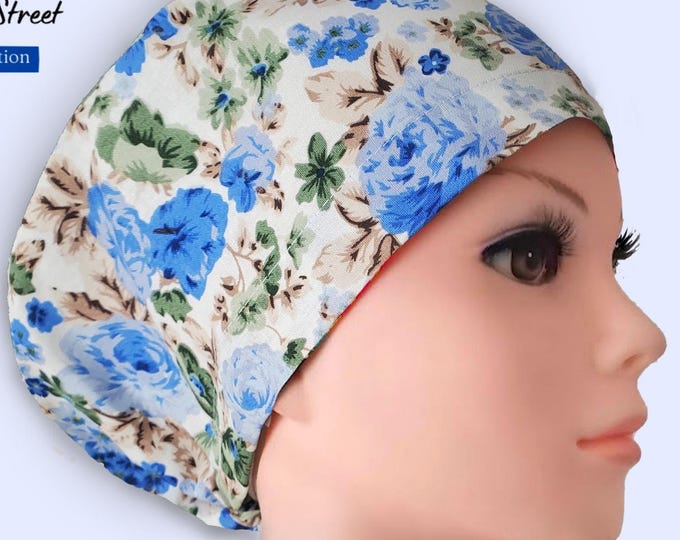 Royal Blue Rose - Euro Scrub Cap - Adjustable - Satin Buttons Lined option