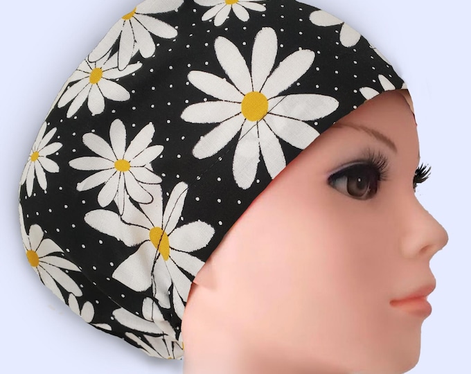 Euro Scrub Cap Satin Lined Personalized Scrub Hat for Women : Black Daisy Floral
