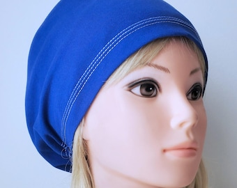 stretchy scrub cup, surgical euro hat, solid Royal Blue organic cotton -