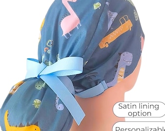 Dinosaur blue Ponytail Scrub Cap - Surgical Cap Satin Lined Option - FifthCraftyStreet