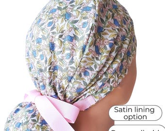 Pastel Blue and Green Floral Ponytail Scrub Cap Satin Lined Surgical Hat for Women
