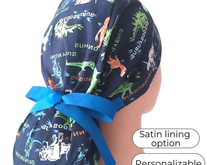 Dinosaur Scrub Cap for Long Hair - Surgical Cap with Silky Satin Lining Option -