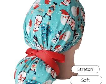 Stretch Ponytail Scrub Cap: christmas print adjustable medical cap